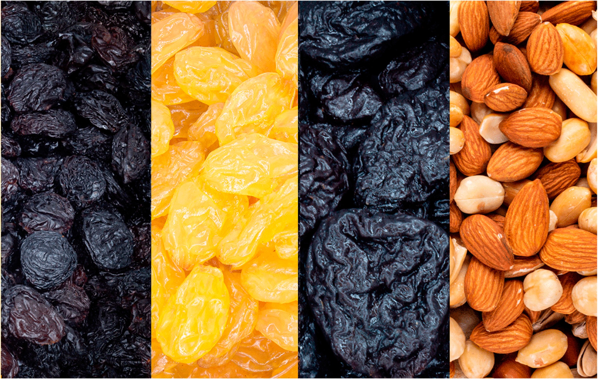 Dark raisins, golden raisins, prunes and mixed nuts